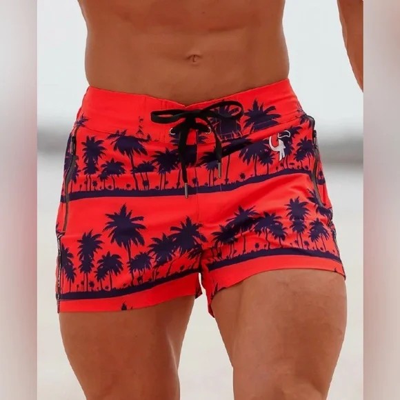NWT Tucann Black Orange Palm 3” Swim Shorts - Mens Size Large